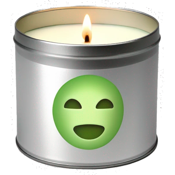 realistic lit matcha scented candle in a silver tin with a small white label that says ‘matcha’ emoji