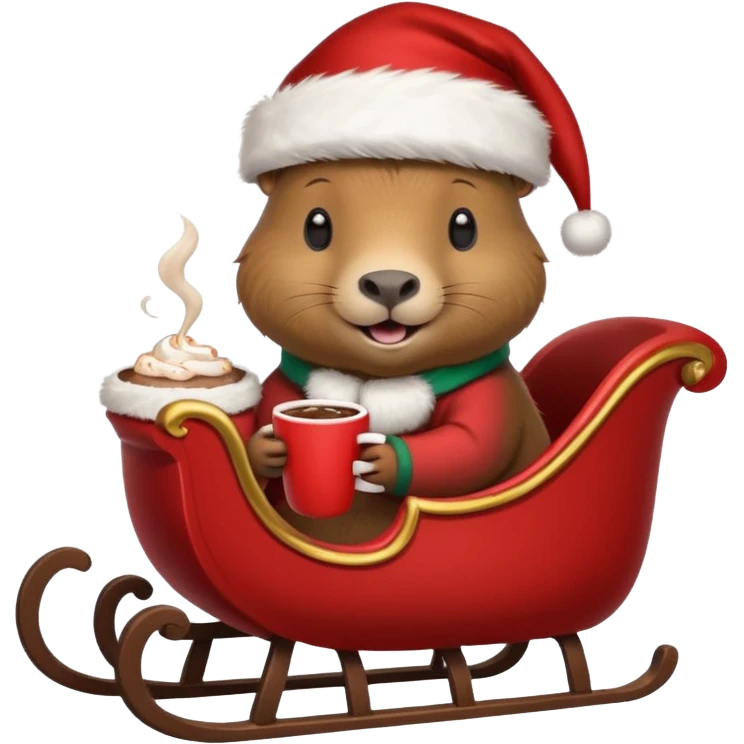 capybara wearing a santa hat, holding a cup of hot cocoa in a sleigh emoji