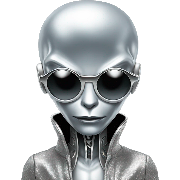 serious silver alien, on a dj board, with silver sunglasses too emoji