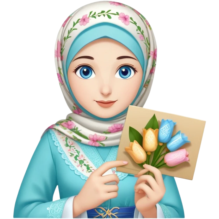 Turkish beautiful finish Konya girl blue eyes with lily floral hijab islamic dress and had on her hand text Eid Mubarak with sweets and celebrating with her friends eid days   emoji