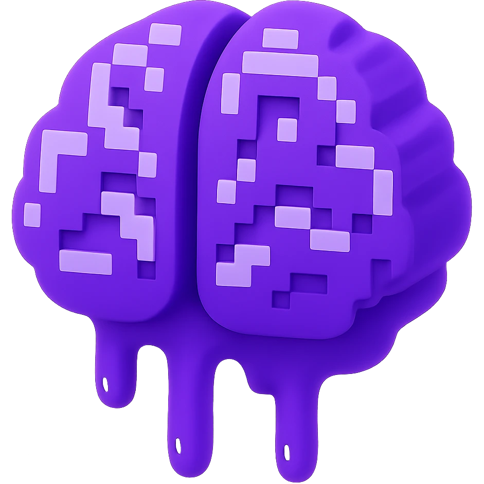 Make this 3D purple melting brain icon fully front facing (not isometric), keep pixel art accents and shiny look, with transparent background. emoji