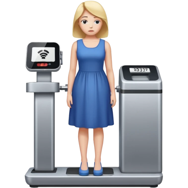 women is standing on weight check machine and she is sad because his weight is not ganaing showing weight also emoji