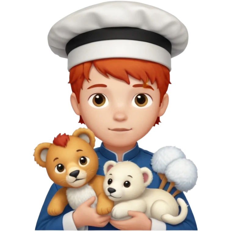 boy kid italian chef, red haired, uniform, holding plush polar lion emoji