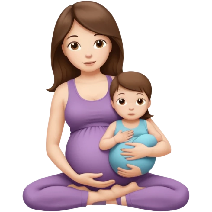 "Pregnant woman sitting in a yoga pose with long brown hair and fair skin, holding a newborn baby with short brown hair and fair skin." emoji