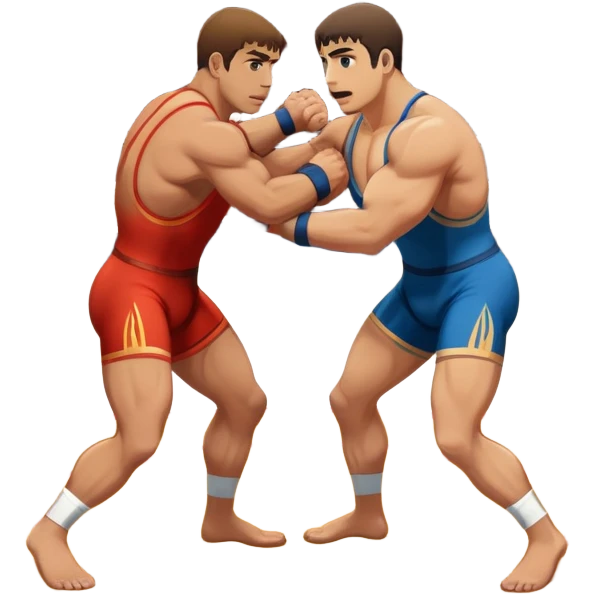 An icon showcasing two wrestlers engaged in a Greco-Roman wrestling match. The athletes are locked in a strong clinch, using their upper bodies to dominate. The background features a wrestling mat and traditional Greco-Roman elements. Transparent background. emoji