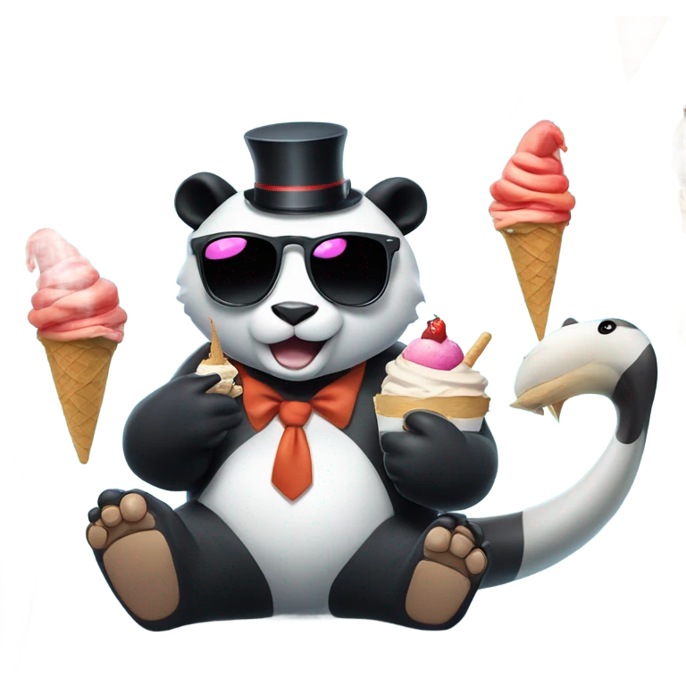 Cat with sunglasses sitting next to panda eating ice cream on top of a shark with a top hat emoji