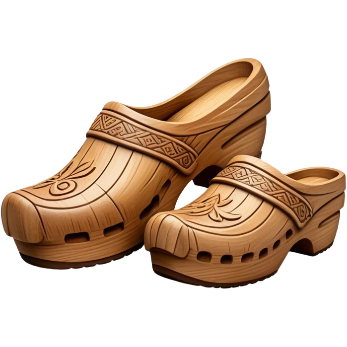 Cinematic Realistic Wooden Clogs Emoji, depicted as a pair of traditionally carved weathered wooden clogs with intricate details and rustic charm, rendered with rich textures and warm natural lighting that captures their cultural heritage. emoji