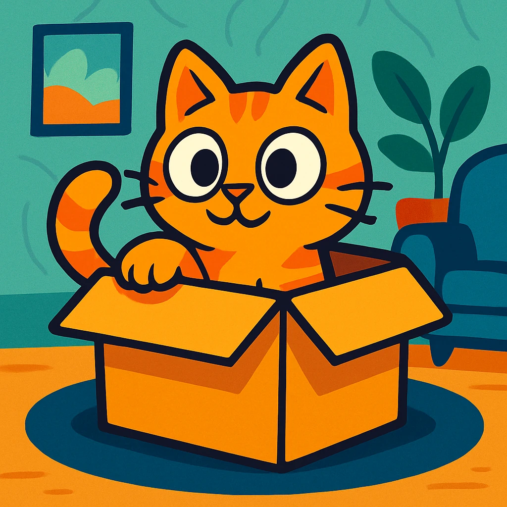 a curious orange cat peeking out of a cardboard box, playful and wide-eyed, cozy cartoon style emoji