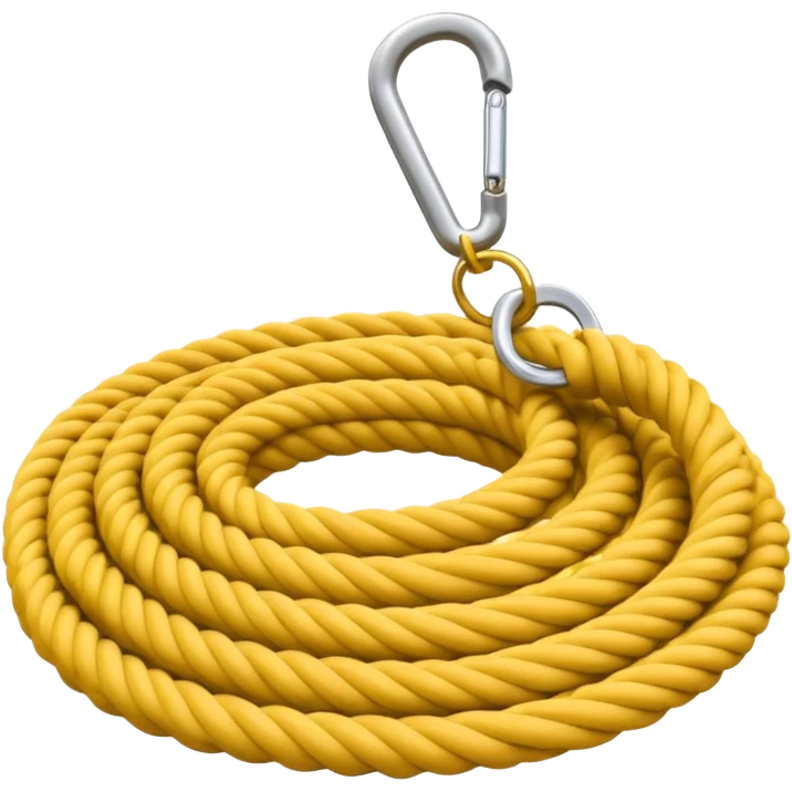 A 3D cartoon coiled climbing rope with a carabiner, golden color, resting on a rocky surface, realistic soft shadows, Memoji-style rendering. negative : Flag. emoji