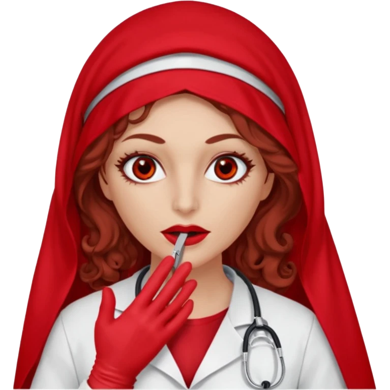 Lilith scalpel in hand, evil surgeon sexy surgeon clothes.  She has red eyes. She brown long curly hair. Wears sexy doctor outfit with red gloves. Wears red burka Covers mouth neck and nose with red burka to hide her identity emoji