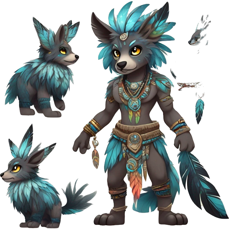 cute cool edgy ethereal l epic tribal fantasy animal fursona Fionbri creature by griffsnuff & LiLaiRa & Falvie with exotic colors with intricate patterns and feathers and headdress and necklace full body emoji