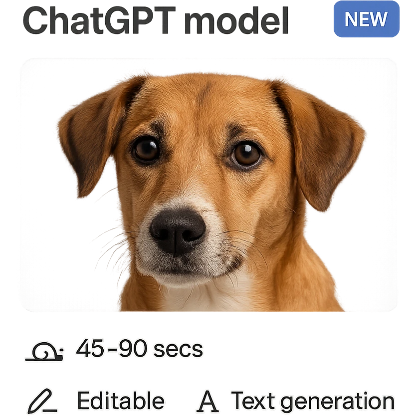 1:1 image of a dog for web UI, with tags 'ChatGPT model', 'Speed icon: slow 45-90 secs', 'Editable', 'Text generation', 'New' integrated into the image in a seamless, professional website style emoji