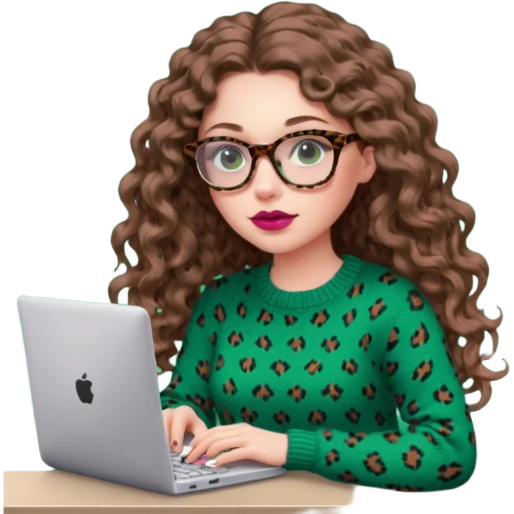 a european white young woman with long wavy/curly brown hair typing in a computer, she's using dark brown leopard glasses and knit green sweate, her lips are light red and her cheeks slightly pink emoji