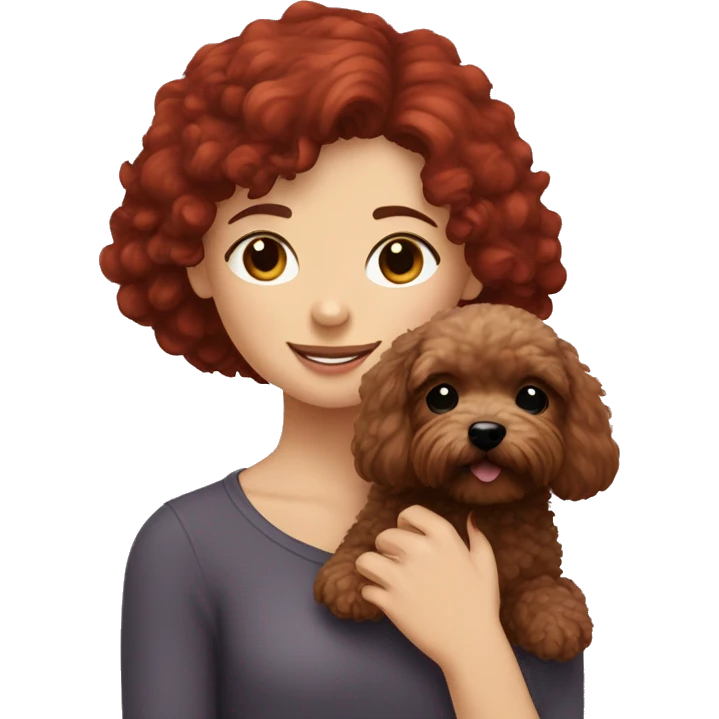 Dark-red-haired girl hugs  her Maltipoo-Black-dog emoji