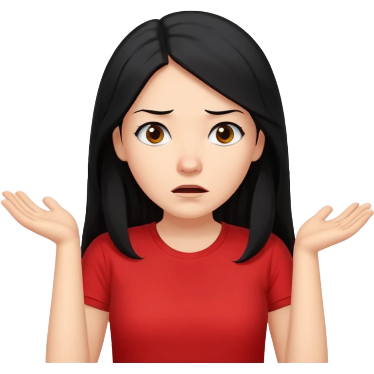 빨간색 티셔츠를 입고 긴 검정머리를 가진 여성이 모르겠다는 듯이 어깨를 올리는 제스처를 하고있음 🤷🏻‍♀️ emoji