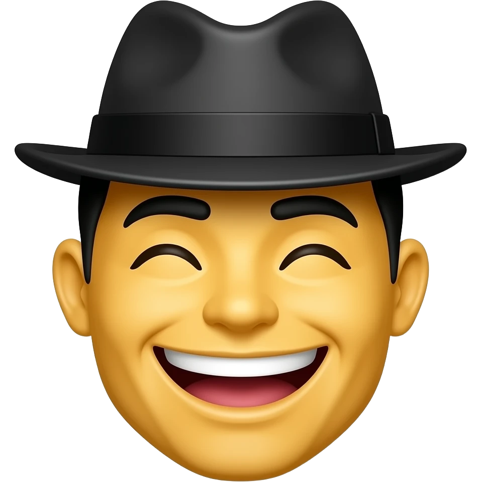 ايموجي اصفر يضحك واسنانه مغلقة و ضاهرة و يرتدي قبعة على الجانب و كأنه رجل عصابات emoji