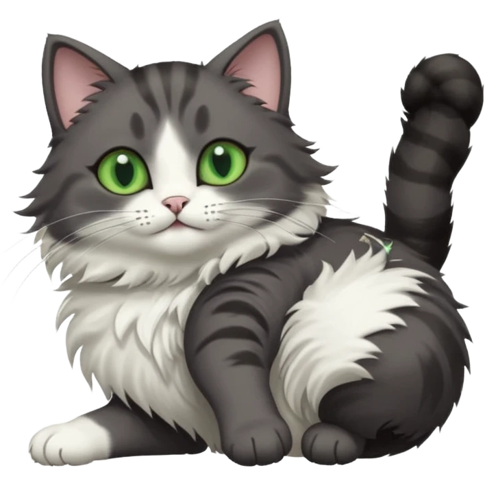 dark grey cat with green eyes, white toes/paws and white patch on her chest playfully rolling upside down emoji
