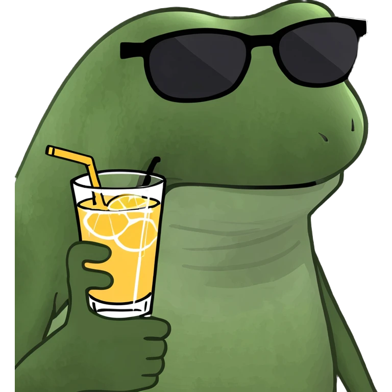 bufo frog relaxing on a tropical beach, wearing sunglasses, with a drink in hand emoji