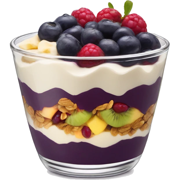 Açaí in a clear cup with layers of fruits and granola and condensed milk emoji