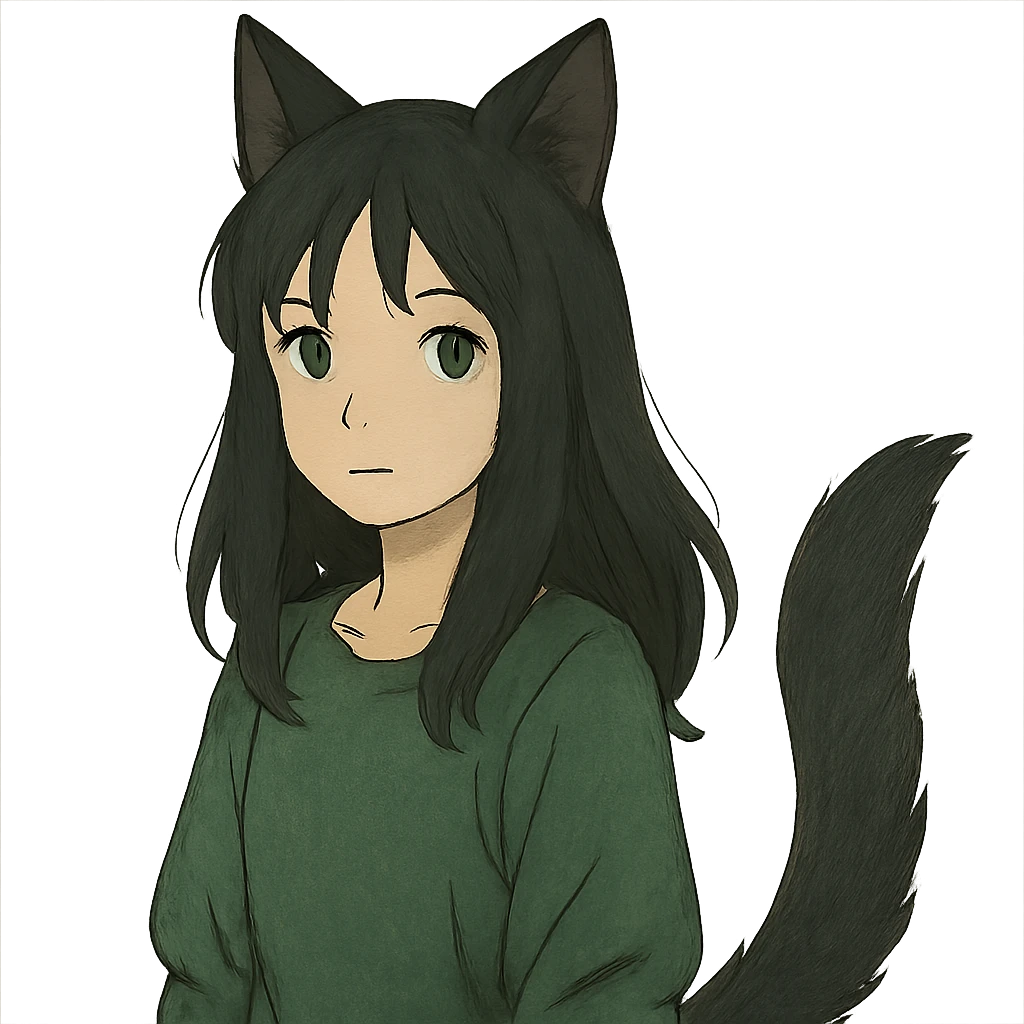 a girl with black fox ears and a tail, green eyes, dark hair emoji
