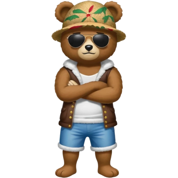 Bartholomew Kuma from One Piece, full body, arms crossed, bear hat, sunglasses emoji