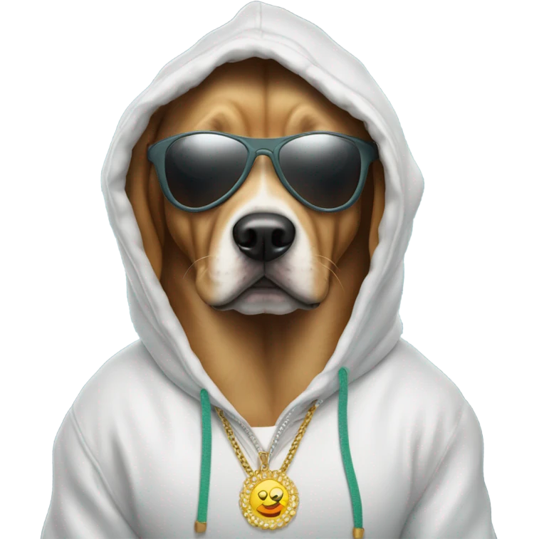 Dog wearing a hoodie and sun glasses with iced out necklaces  emoji