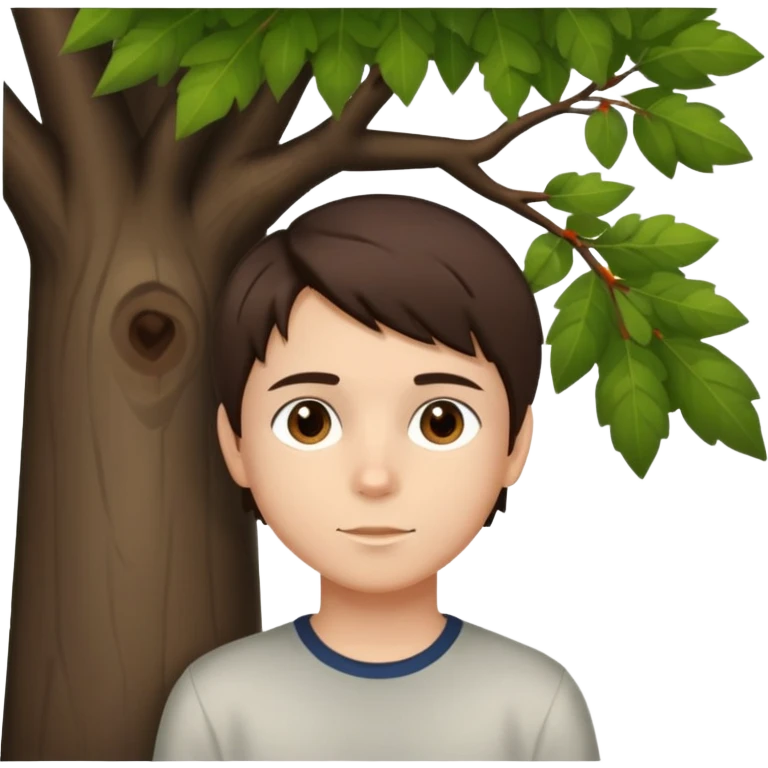 boy with straight short brunette hair brown eyes and tree behind emoji