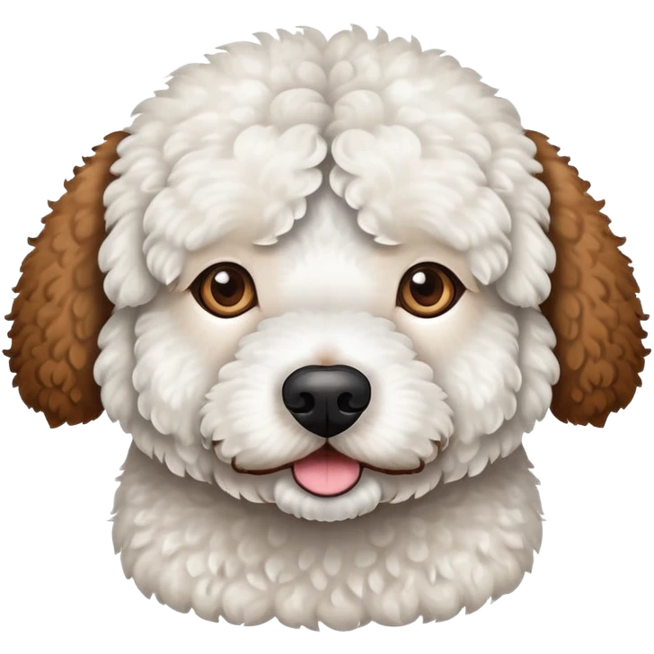 White Spanish water dog with one eye with brown spot circle and one ear also brown  emoji