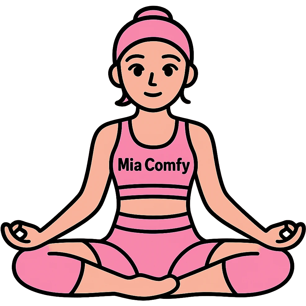 Add the name 'Mia Comfy' in a clear, stylish font on the pink yoga top. Keep the background transparent. emoji