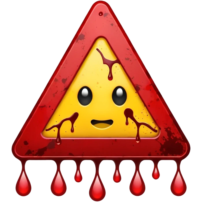 A triangular danger  and a bright yellow background. In the center, a dark red blood splatter spreads outward, with a few drops dripping down the sign. The design gives a wild, intense, and dangerous vibe, as if warning of something violent or hazardous. emoji