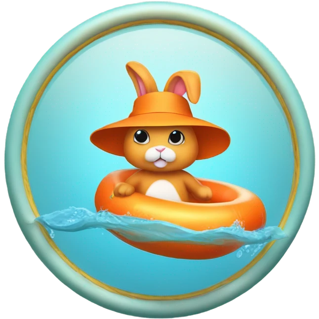 A orange bunny in a swimming ring wearing animal slippers and a top hat  emoji