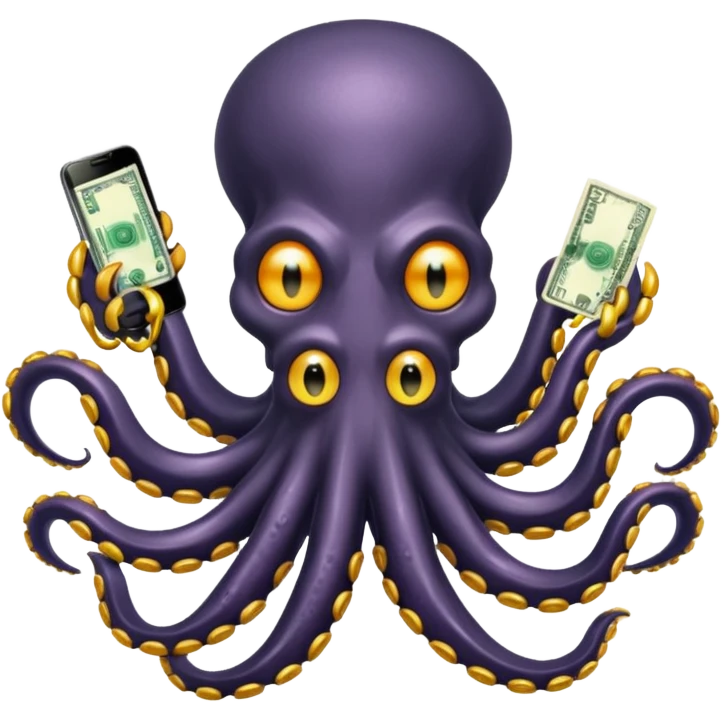 Intimidating octopus with pearl black skin, neon suction cups. Evil glaring eyes. Wearing a thick gold chain. 3 tentacles are holding their own cellphone, 2 other tentacles are holding stacks of money emoji