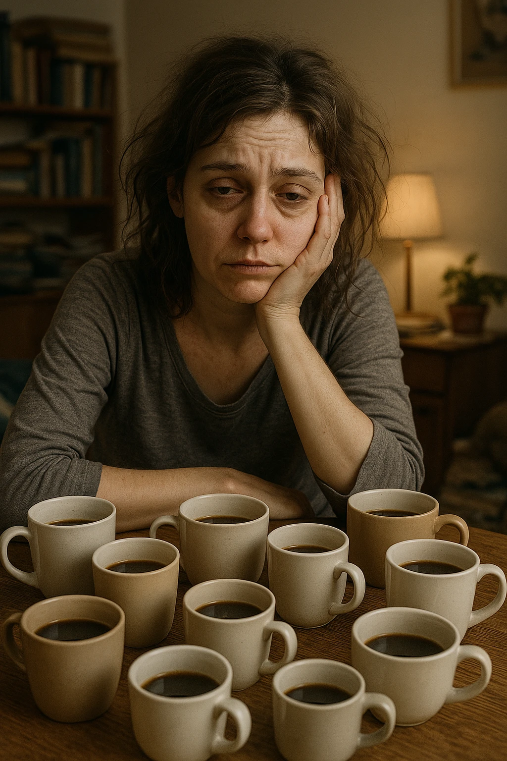donna con stanchezza cronica distrutta e stanca che si fa tanti caffè emoji