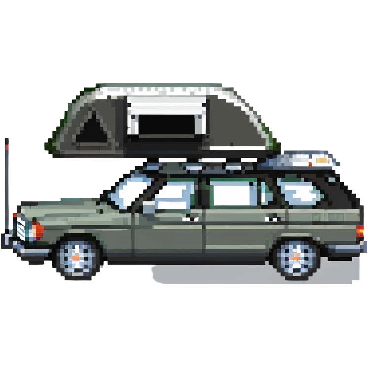 black Mercedes Benz car with roof tent emoji