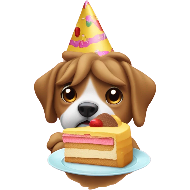 Perro comiendo una tarta con un gorro de fiesta emoji