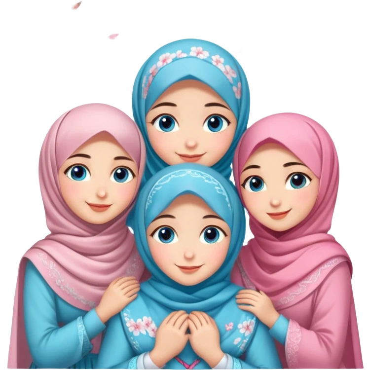 Four sister hugs Turkish girls beautiful finish Konya blue eyes with cherry blossom hijab and heart dress and hugs  emoji