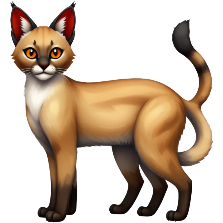 Gothic exotic Red and black and white and yellow and edgy and cute shiny Fantasy-Siamese-Bobcat-Caracal-Lykoi-feline-Fakémon-feline-hybrid (full body) emoji