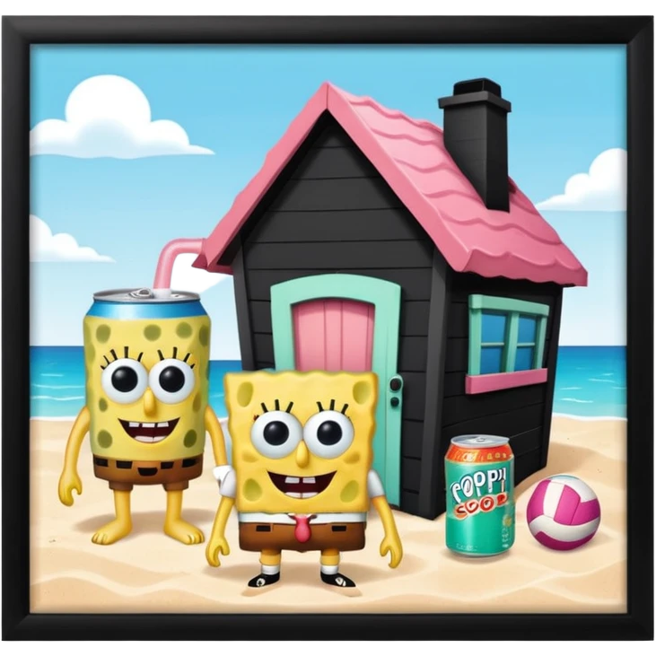 make an image of bikini bottom with SpongeBob,Patrick and squidwards houses,but instead with these objects (poppi soda,volleyball and rare beauty blush) emoji