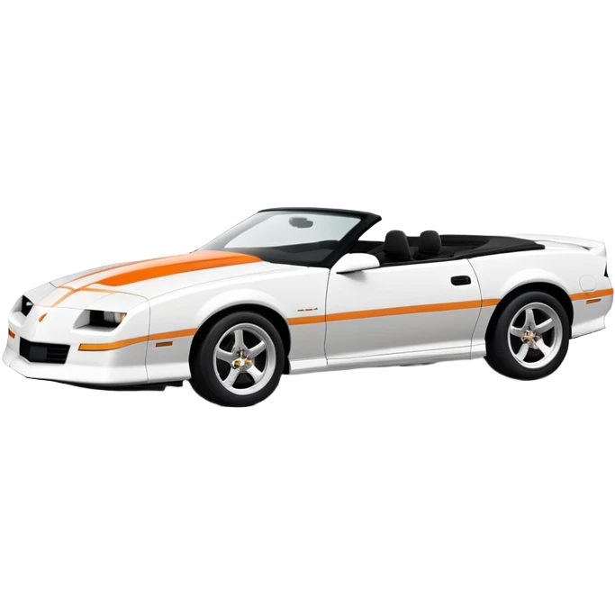 3rd generation 1992 convertible Camaro, white with orange hood and deck stripes, side view emoji