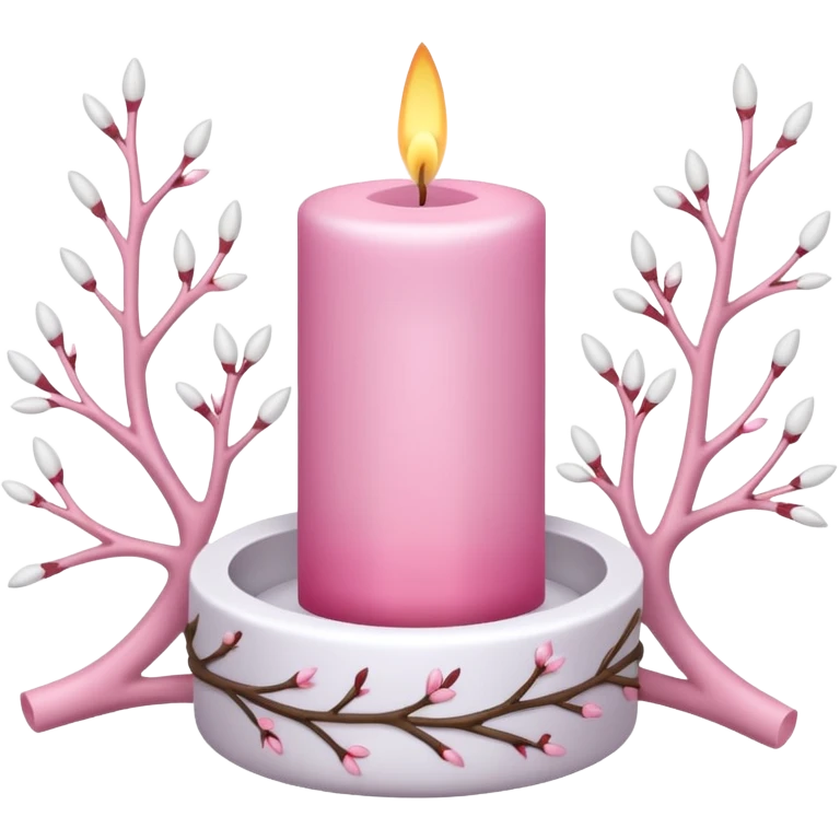 Pink candle holder with white tree branches around it and a beautiful white candle emoji
