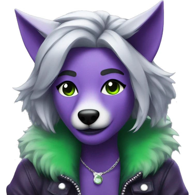 A purple Anthro wolf rockstar with green highlights in her grey hair emoji