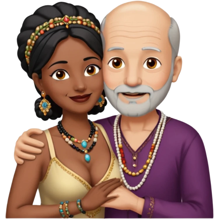 I want an old man with balding and grey beard  wearing no jewelery and a woman in her 40s with dark black hair parted in indian woman style wearing a beads chain  with the cleavage of the woman visible in a passionate embrace, both must be blissfully smiling emoji