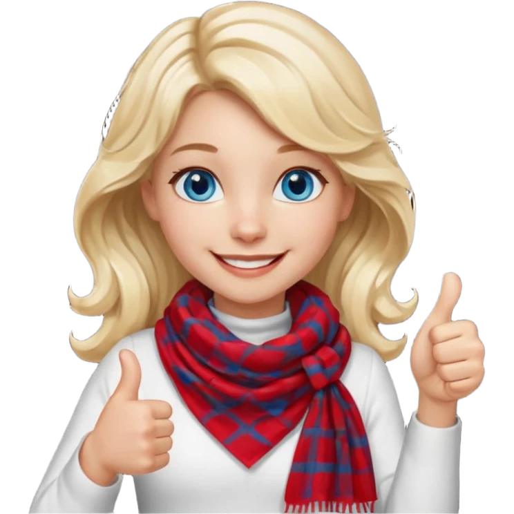 Blonde Girl, Blue Eyes, wavy hair, smiling, thumbs up, wearing red Checkered Triangle scarf, white dress emoji