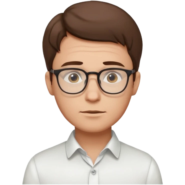 Мужчина в очках с тонкой оправой, аккуратные волосы, нейтральное выражение лица, рубашка с расстёгнутым воротом, образ интеллектуальный и неброский. emoji