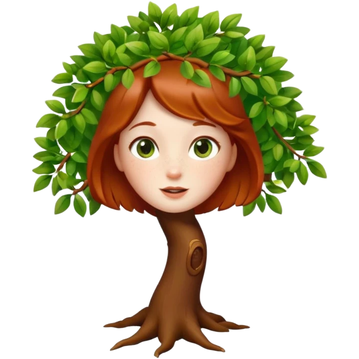 Un petit sapin vert sylvestre, féminin, regard malicieux, tâches de rousseurs délicates, joues roses. Yeux de biche brillants en forme amande, yeux couleur ambre, tronc couleur acajou. Sapin en mouvement, incurvé pour un effet vivant. Style memoji. emoji
