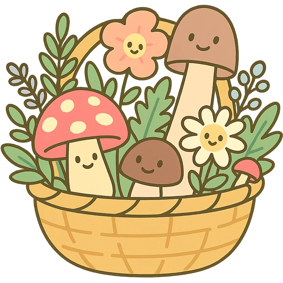 basket full of forest goodies including mushrooms, herbs, flowers in soft pastel colors, pastel-toon style emoji