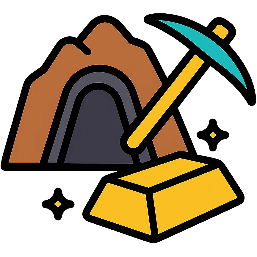 color outline icon of a gold mine with pickaxe and gold emoji