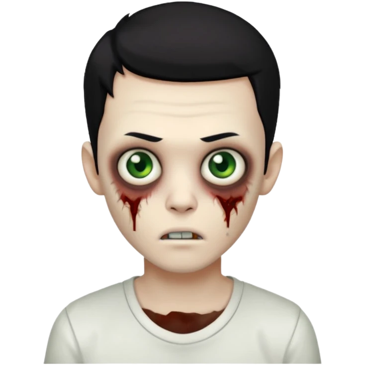 um garoto zombie de cabelo preto, com olhos castanhos esverdeados de camisa branca. emoji