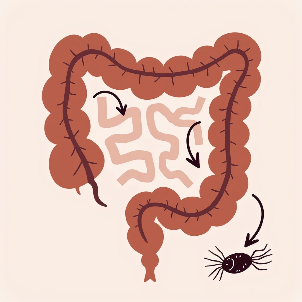 educational illustration of human intestine with arrows indicating parasite life cycle (ingestion, development, egg deposition), illustrative style, 4K emoji