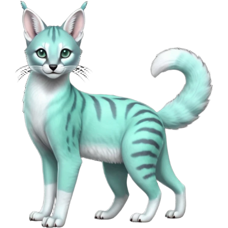 Colorful dark realistic tropical iridescent pale light jade-green, mint-blue, whitish pastel white glorious divine exotic cute cool beautiful shiny beautiful fantasy-caracal-civet-genet-sergal-vernid-Cacomistle-Trico-oncilla-animal-Fakémon-hybrid-fursona (full body) emoji